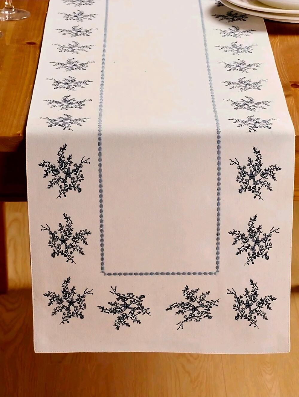 New my Texas HouFloral Cotton Reversible Table Runner, Blue and White, 14" x 90"